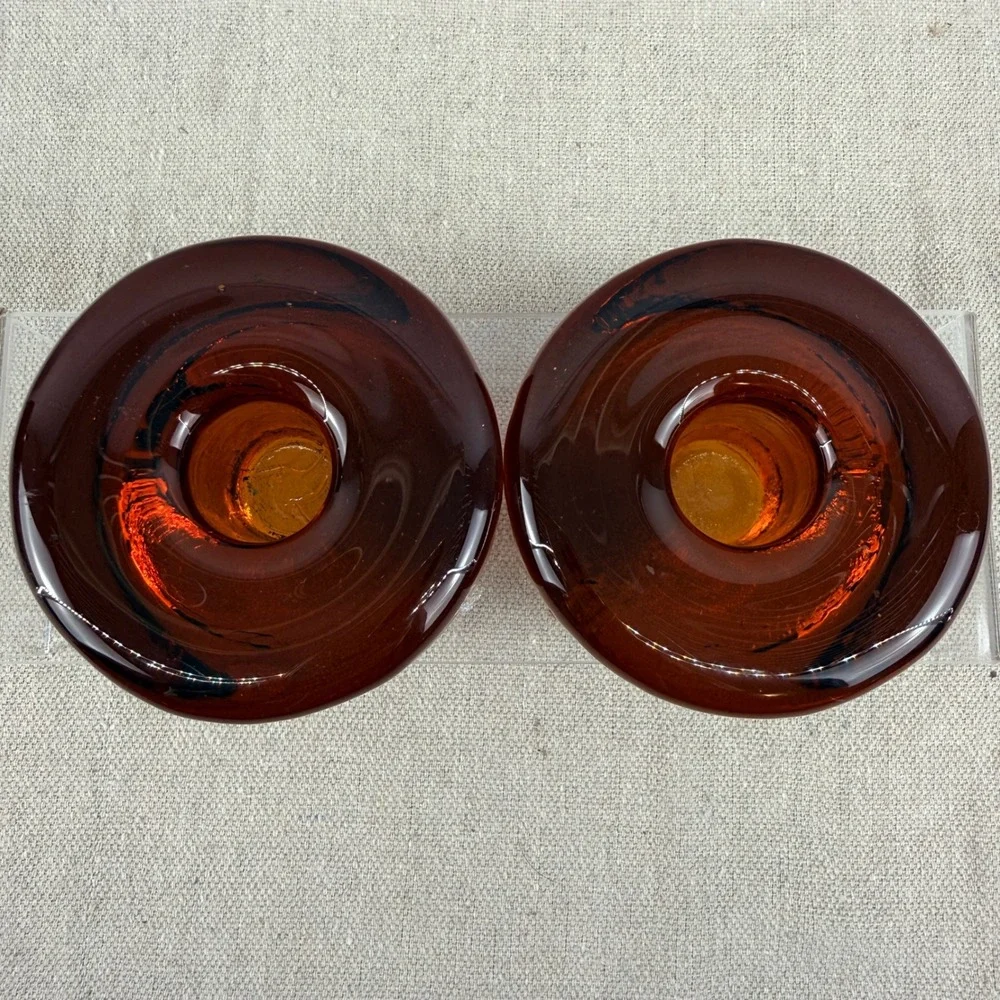 VTG‎ Pair Blenko 990A Amber Glass Candle Holders Don Shepherd